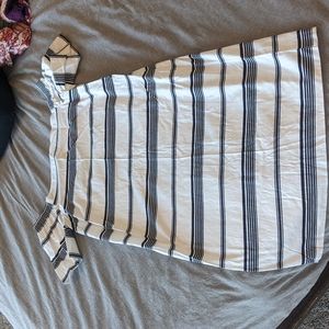 Off the shoulder white and navy blue striped dress